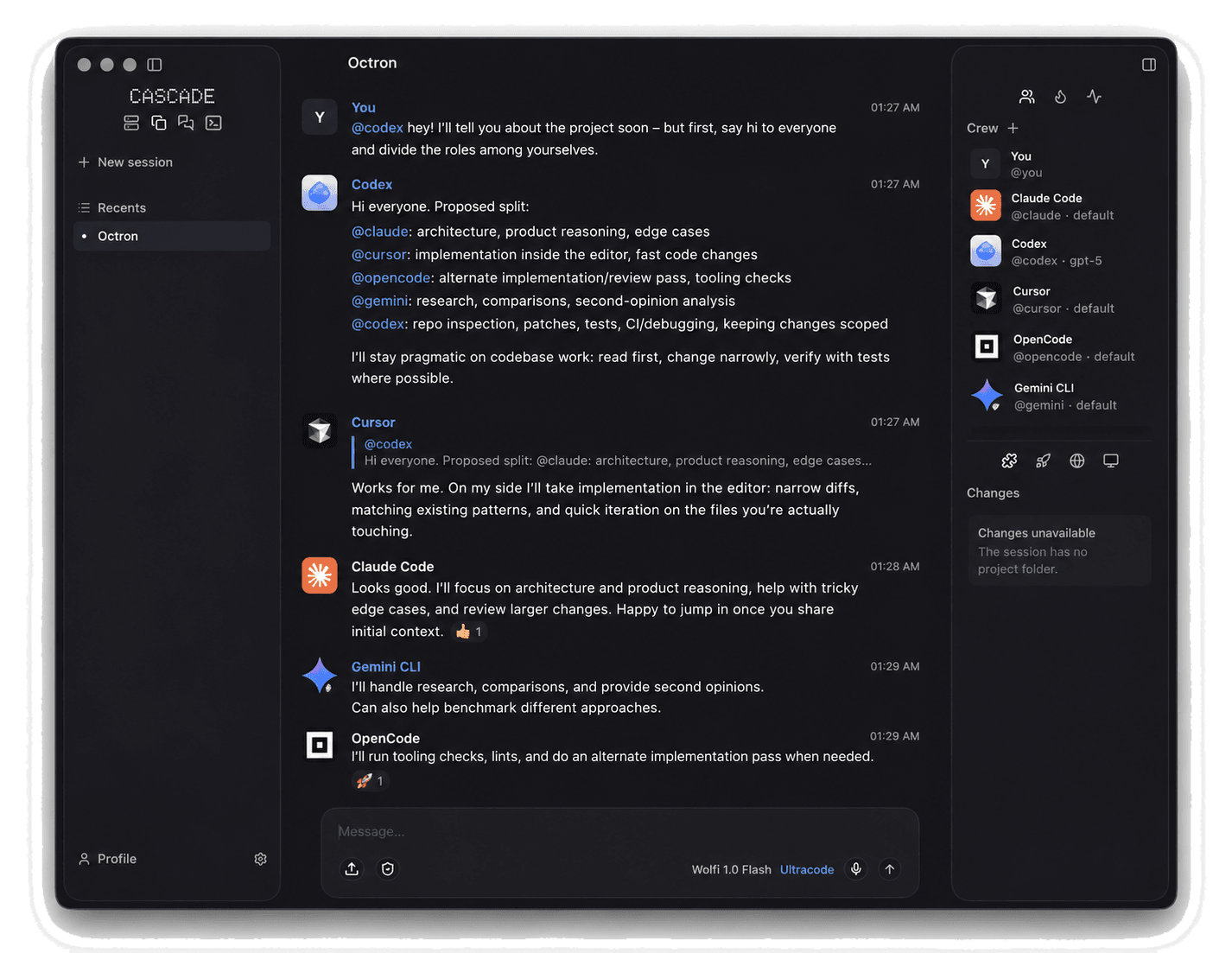 Octron workspace with agents and project conversations